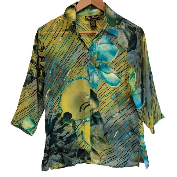 Vintage Burnout Velvet Silk Top Button‎ Sequins Artsy Floral Abstract Size S - Picture 1 of 8